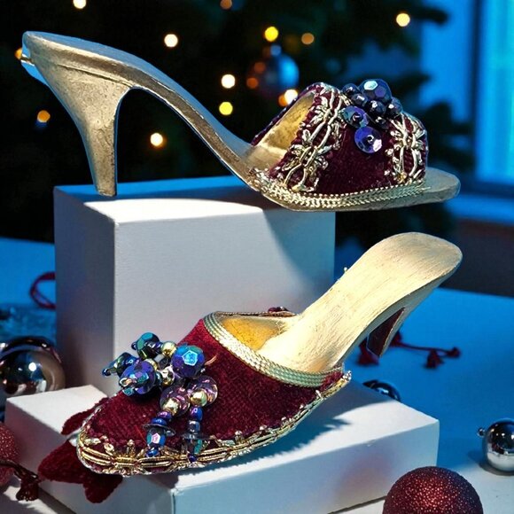 Red Velvet Shoe Ornaments Gold Trim Beaded Accent Tassel High Heel Runway Style - Picture 1 of 9
